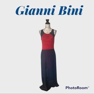 Gianni Bini Navy Blue & Red Striped Maxi Dress (M)